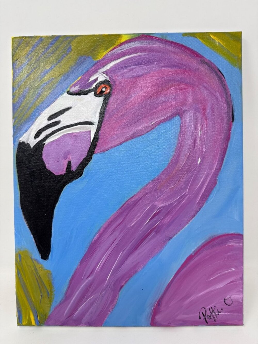 Pink Flamingo Original 14x11 Expressionist Animal Art Painting Canvas Signed